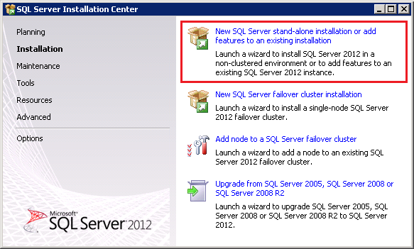 New SQL Server Stand-alone Installation or Add Features to an existing installation